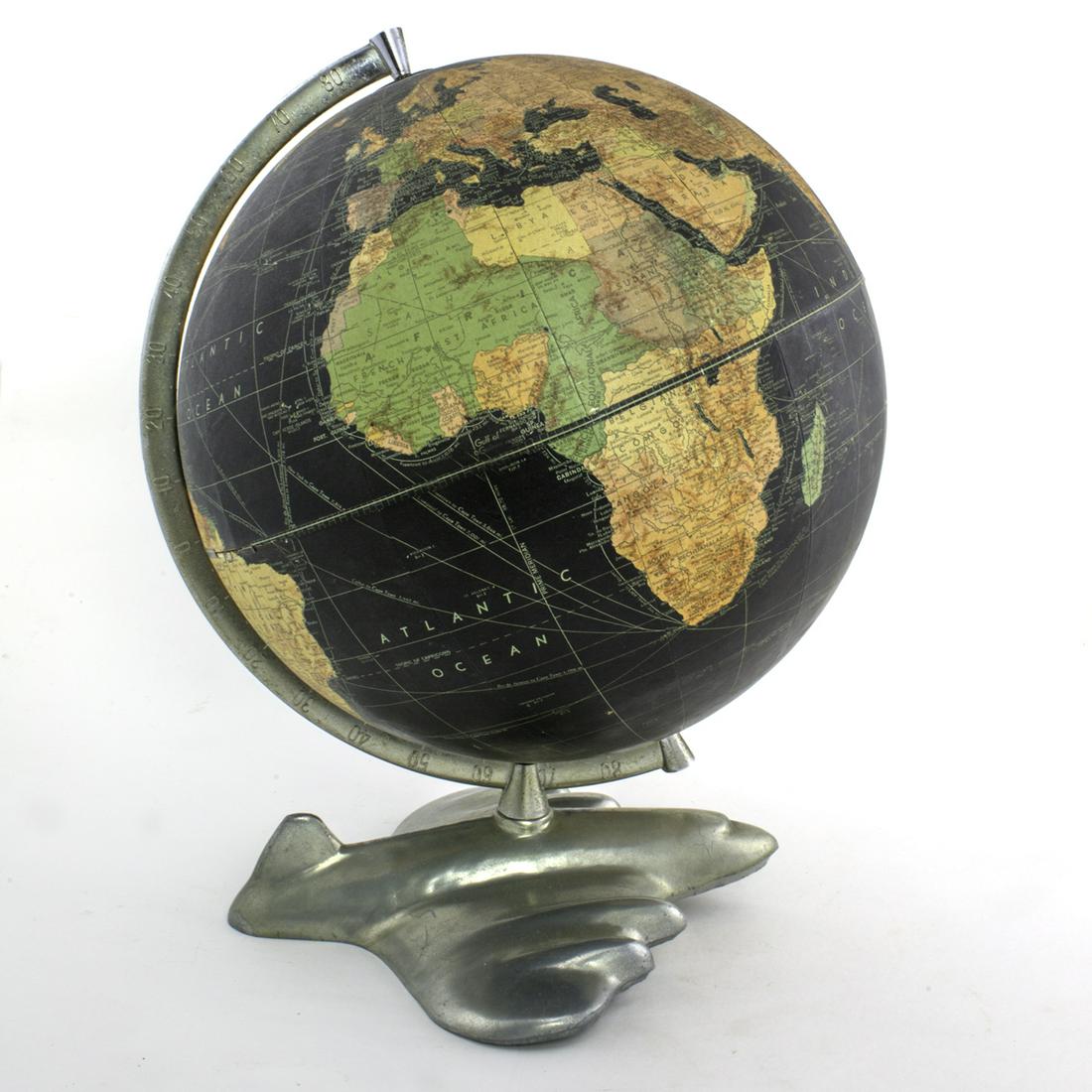 12" antique table terrestrial globe WEBER COSTELLO PLANE BASE black globe 1950's (1 of 5)