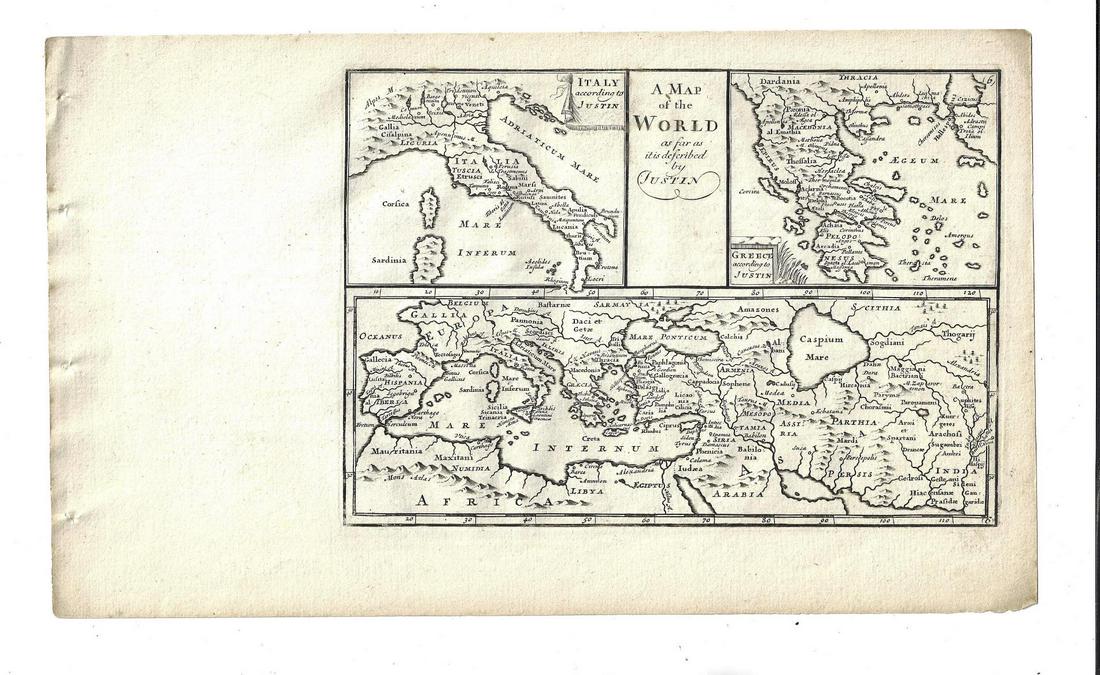 1747 Map of the World of Justin: Title: 1747 Map of the World of Justin Description: "A Map of the World as far as it is described by Justin", printed at London by John and Paul Knapton, 1747. Insets of Italy and Greece and detailed 