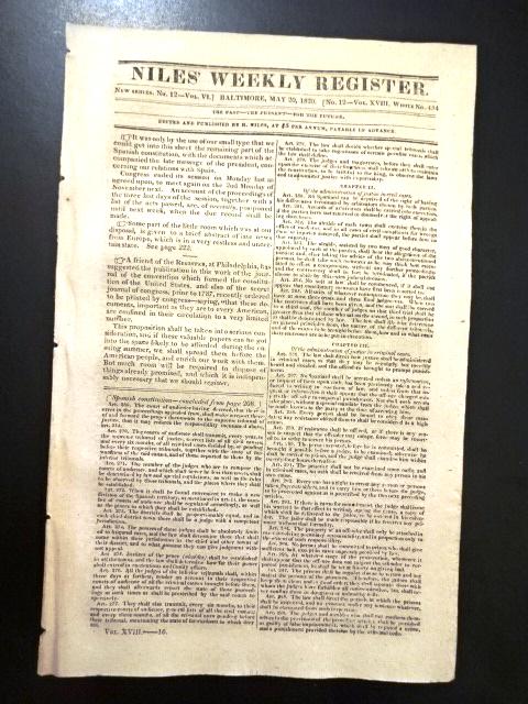 1820 Niles Register Letters John Quincy Adams Spain (1 of 3)