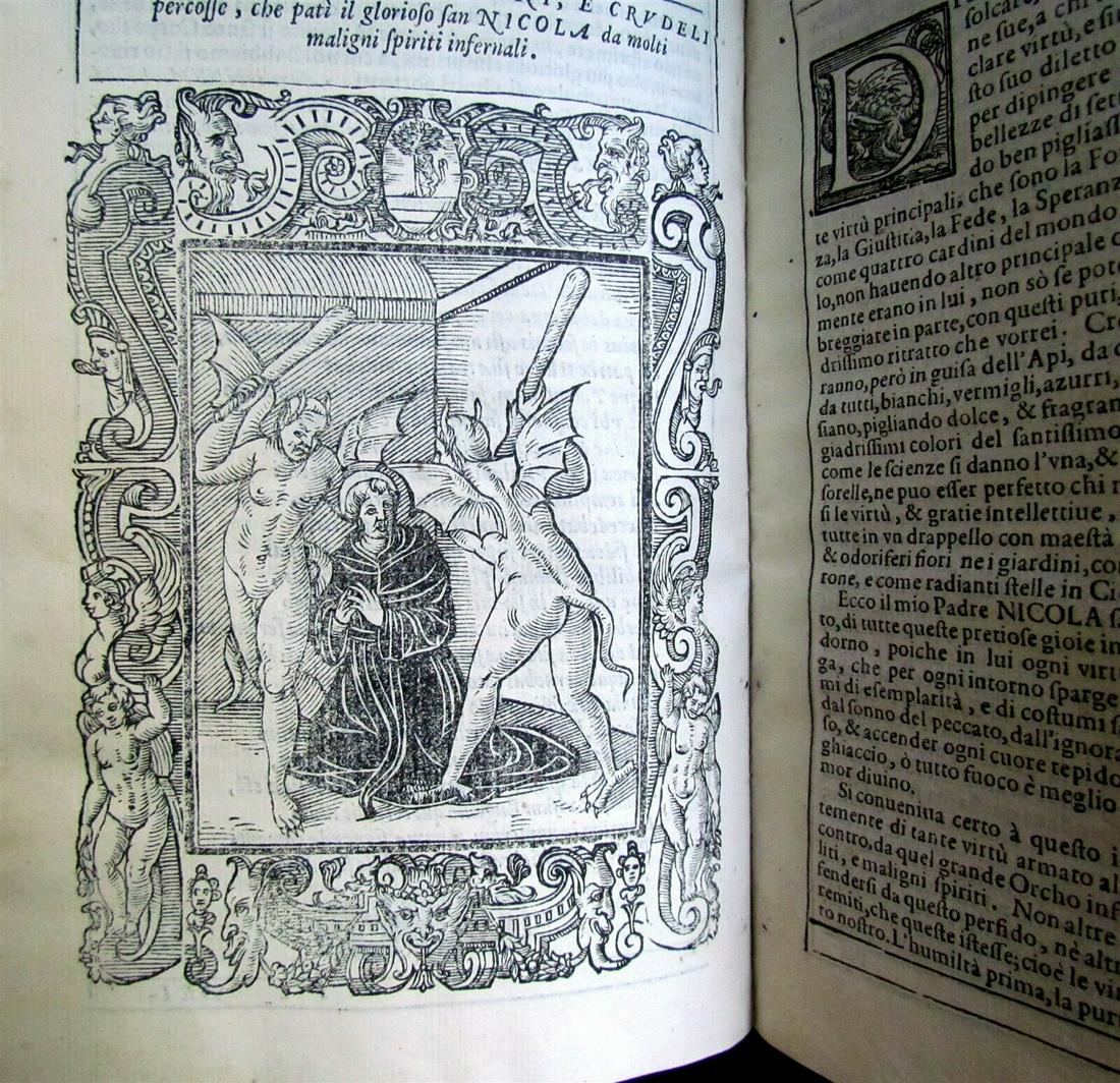 1588 ILLUSTRATED Ambrogio FRIGERIO VITA Santo Nicola di Tolentino ANTIQUE vellum: FRIGERIO, Ambrogio (1537-1598). Vita gloriosissima et miracoli ecclesi del Beato Confessore Santo Nicola di Tolentino. Ferrara: Vittorio Baldini, 1588. 18 full-page woodcuts within arabesque borders, 