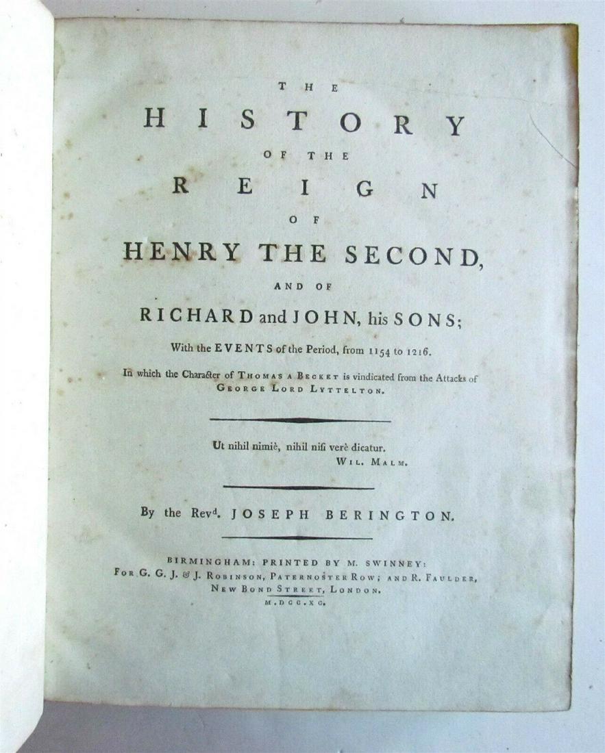 1790 BRITISH HISTORY Reign of Henry II & of Richard & John antique in ENGLISH (1 of 10)