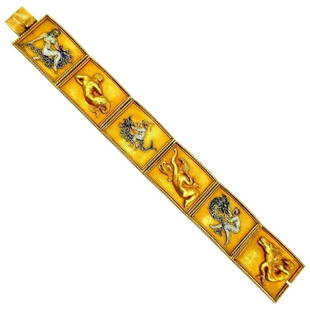 Vintage Yellow Gold Enamel Mythological Bracelet: A gorgeous sectional Vintage bracelet made of 18k yellow gold and enamel. Features embossed mythological creatures. Each section stamped with a hallmark for 18k gold (on a back). Measurements: 7.5" L