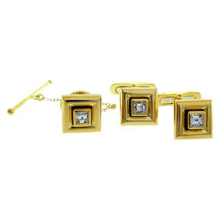 Chaumet Paris Yellow Gold Cufflinks and Stud Set with Diamond: Classy cufflink & stud set created by Chaumet in France in the 1980s. The set consists of a pair of cufflinks and a stud. Elegant and chic, the set is a great addition to your jewelry and accessories