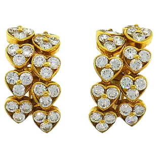 Vintage Diamond 18k Yellow Gold Hoop Earrings French Signed CB: Lovely heart hoop earrings made of 18 karat yellow gold and set with round brilliant cut diamonds (G-H color, VS1 clarity, 1.80 carats total weight). Measurements: 7/8 x 3/8 inch (2.2 x 1