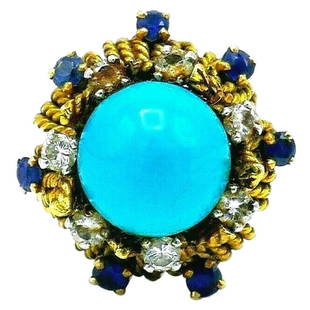 Antique French Yellow Gold Turquoise Sapphire Diamond Cocktail Ring: Spectacular antique ring made of 18k (tested) braided yellow gold featuring turquoise, sapphire and diamond. Total carat weight of the diamonds is 0.28 pts. Stamped with a serial number and a place