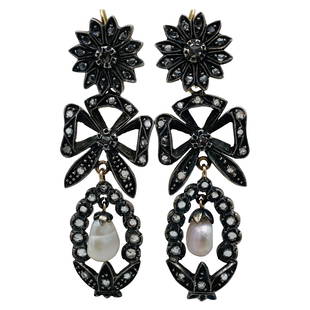 Georgian Gold and Silver, Rose Cut Diamonds and Pearl Day and Night Earrings: Featuring floral motif, rose cut diamonds set in silver on the front and gold finish on the back with natural pearl detail. Interchangeable design.Details Metal Gold,Silver Stone Diamond,Pearl Stone