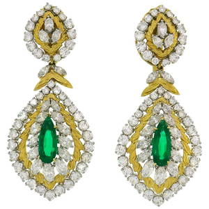 David Webb Emerald Diamond 18k Gold Earrings Day and Night