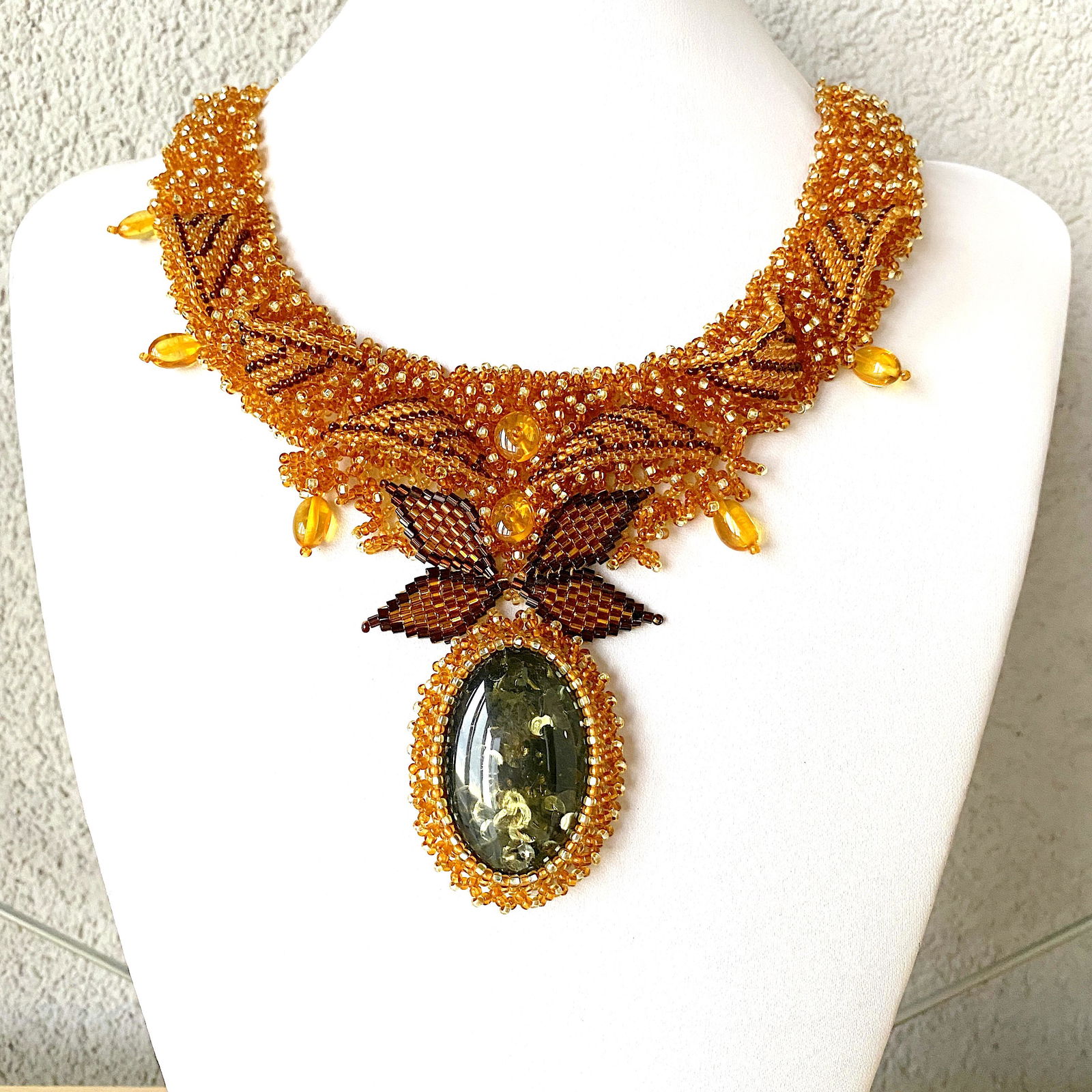 Alluring Amber Floral Necklace made from leaf like bead ornaments (1 of 10)