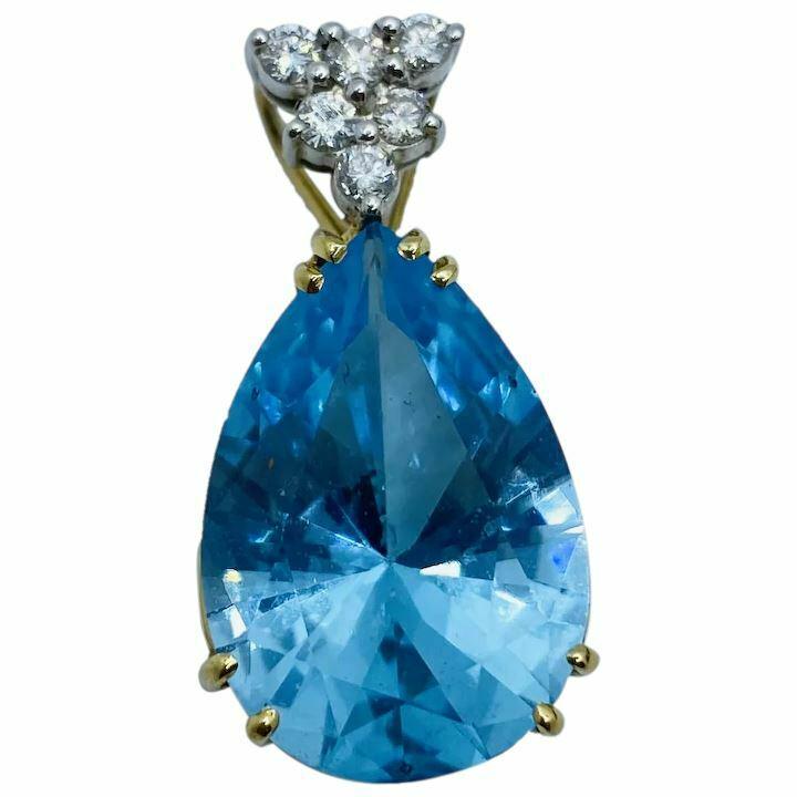 LARGE 14k Gold Pear Shape Blue Topaz Diamond Pendant (1 of 12)