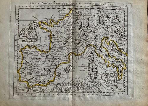 Ancient western Roman Empire 1780/81 scarce map by J. B. Nolin: Title: Ancient western Roman Empire 1780/81 scarce map by J. B. Nolin Date/Period: 1780/81 Materials: Hand colored copper plate engraved Size: 14 1/2 x 10 1/4” Shows today’s Iberian penins