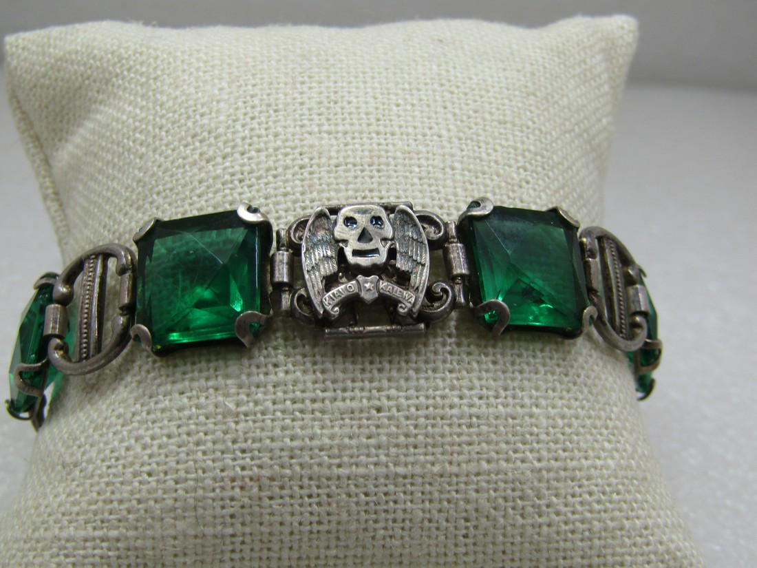 Vintage Sterling Green Stone  Winged Skull Bracelet, 1930's, 7.25" (1 of 9)
