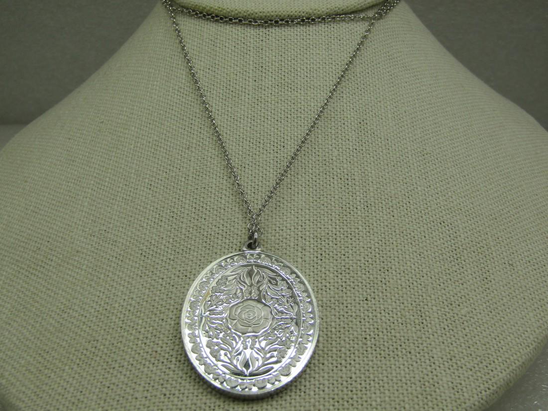 Vntage Sterling Two Sided Rose Pendant on 24" Chain, 1970's, Signed (1 of 7)