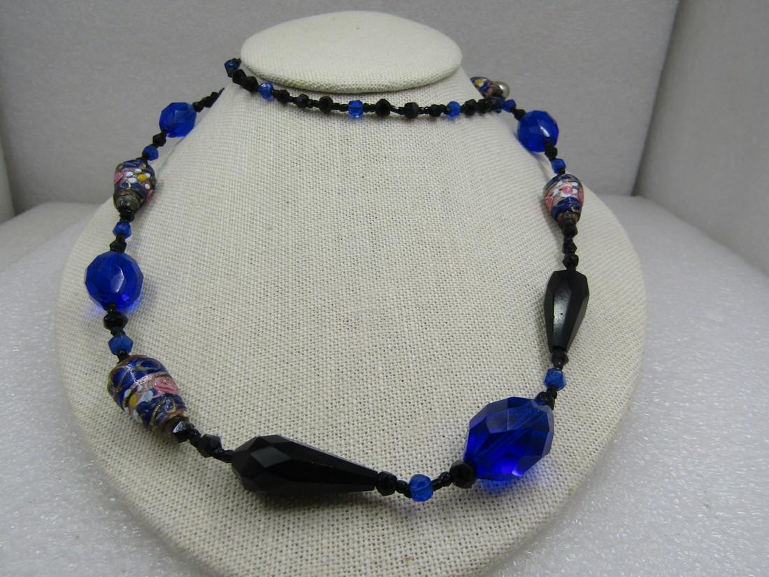 Vintage Blue Wedding Cake & Cobalt & Black Glass Beaded Necklace, 30" (1 of 6)
