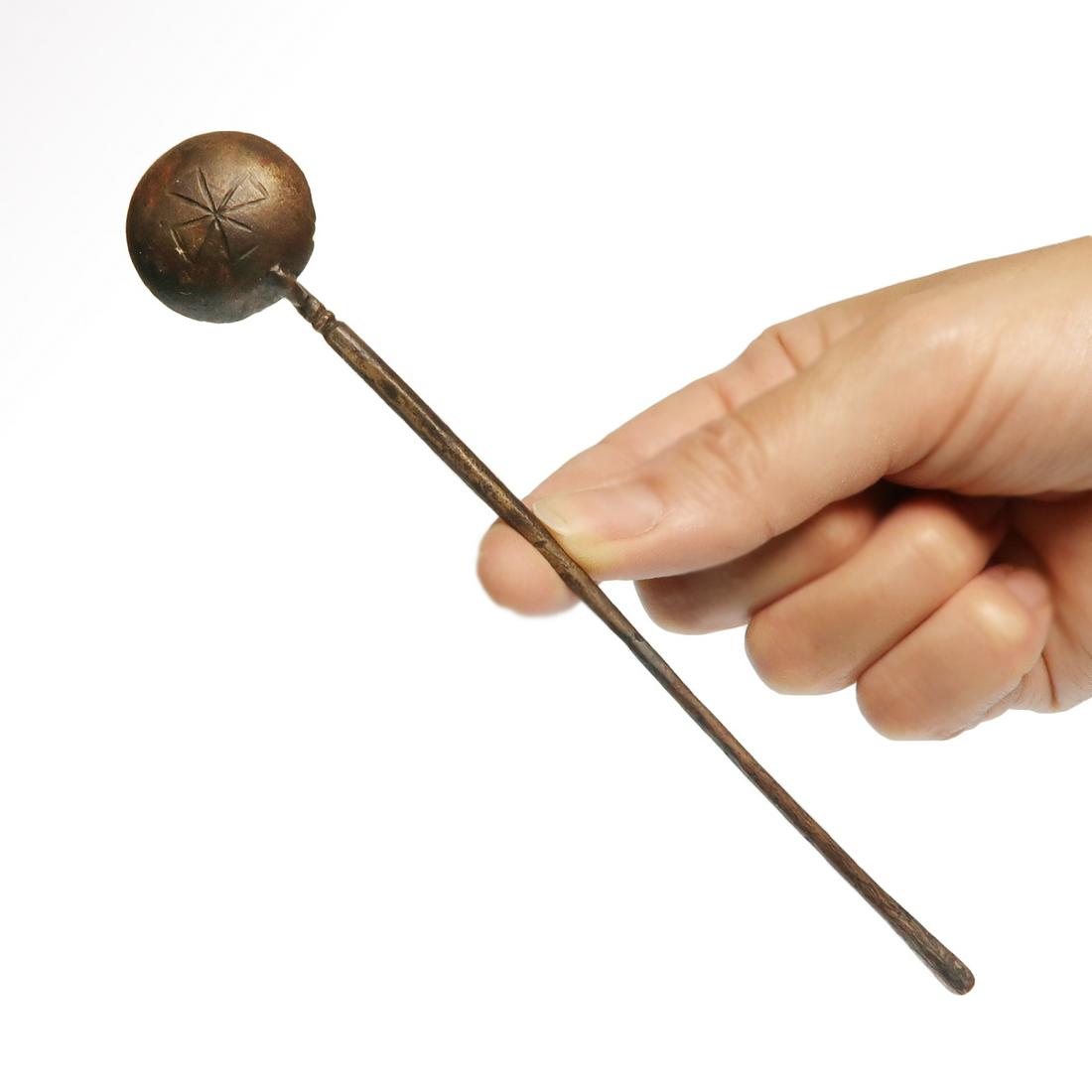 Byzantine Bronze Spoon with Cross: Title: Byzantine Bronze Spoon with Cross Date/Origin: Byzantine, c. 6th-8th Century A.D. Description: Long fine handle. The spoon bowl engraved with a Byzantine cross at the back. Material: Bronze Dim