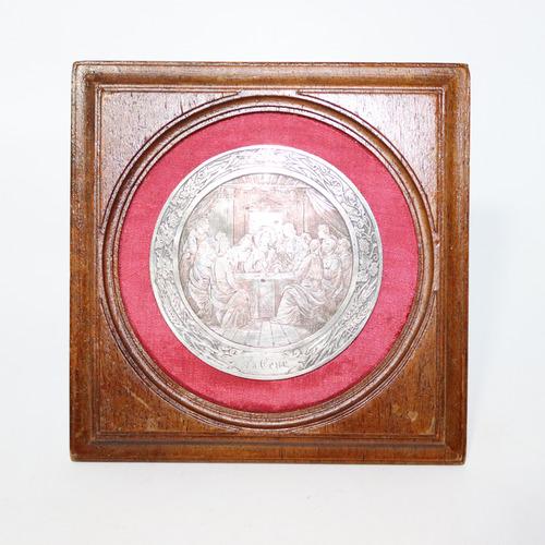 Medallion with frame - Last Supper: Title: Medallion with frame - Last Supper Date Period: Beginning 20th century Materials: Silver, Wood Dimensions: 14*14*2 Additional Information: Chiseled medallion with wooden frame, in velvet backgr