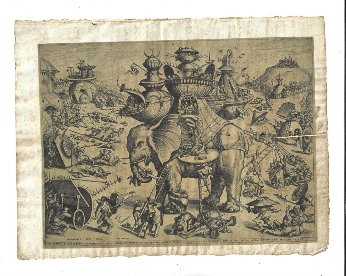 Hieronymus Bosch Seige of the Elephant Reproduction: Title: Hieronymus Bosch Seige of the Elephant Reproduction Description: Printed on 17th century paper, this is a 2021 reproduction of the Hieronymus Bosch (1450-1516) engraving "Seige of the Elephant"