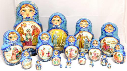 Matreshka: Large Matreshka-Russian fairy tale "Snegurochka". Traditional russian wooden nesting doll. Hand made, hand painted with artist’s signature, 20 pcs. Dimensions; 17 × 32 cm Reserve: $480.00 Shipping: