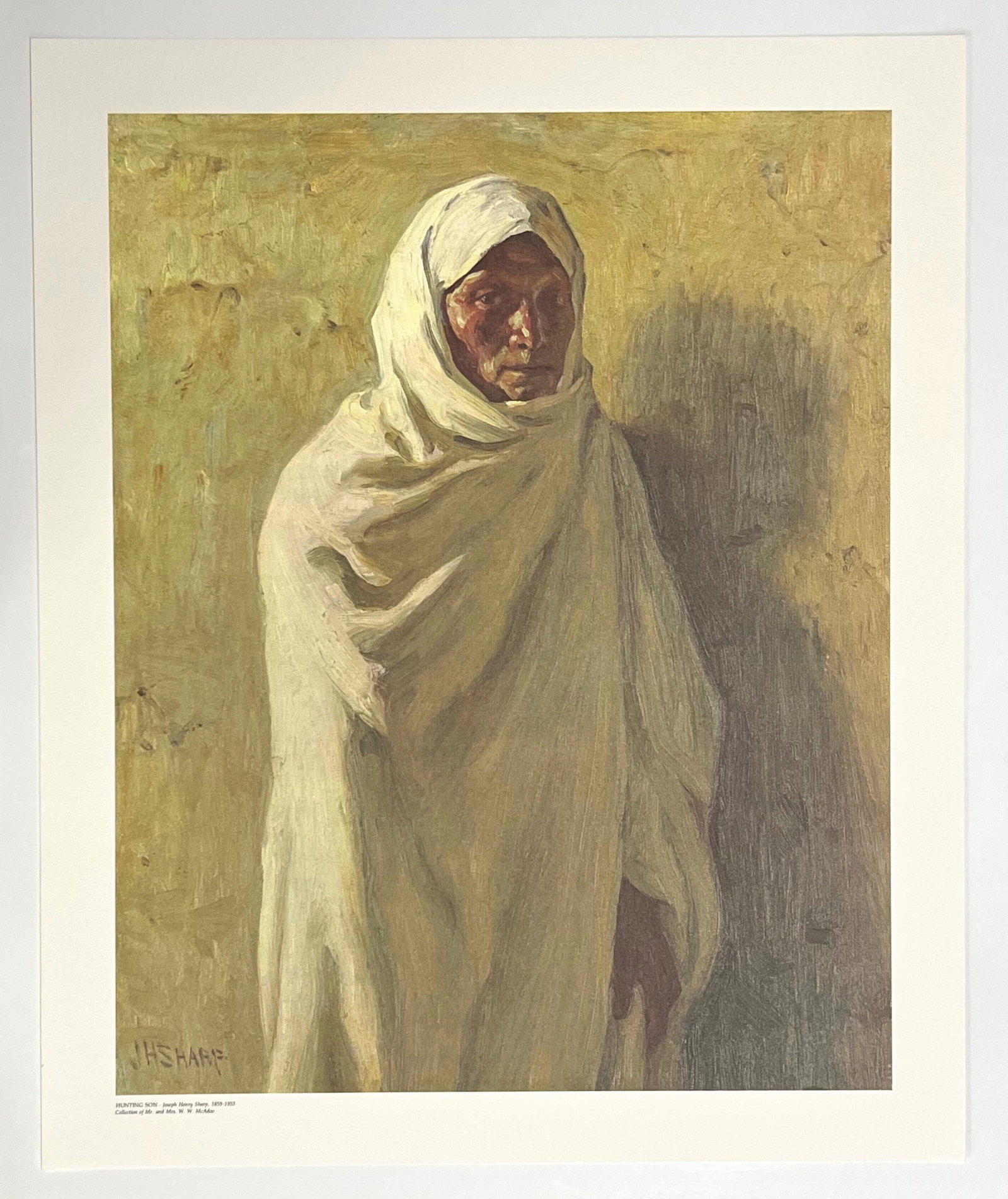 Joseph Henry Sharp "Hunting Son" | Taos Society: Medium: offset lithograph (after the painting). Printed c. 1970 for the Taos Society of Artists portfolio. Size: 23 x 19 inches (580 x 480 mm). Signed in the plate (not by hand). Reserve: $60.00 Shipp
