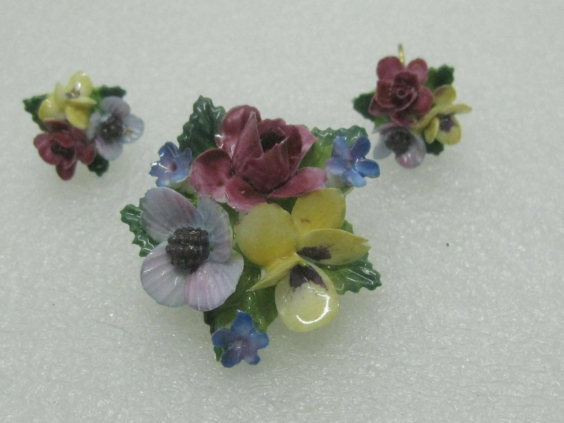 Vintage Crown Pansy Porcelain Brooch & Earrings Set, Mixed Flowers, 1960's, (1 of 8)