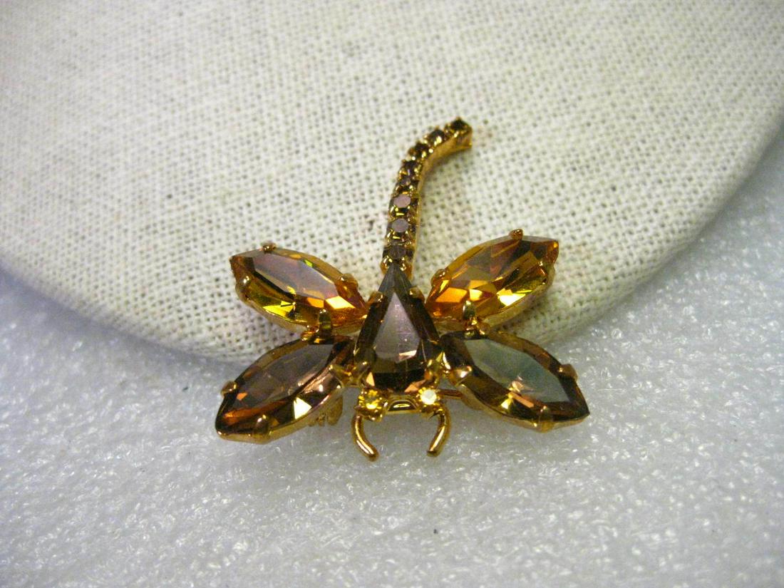 Vintage Gold Tone Dragonfly Brooch, Amber and Gold Glass Rhinestones, 1.5" (1 of 5)