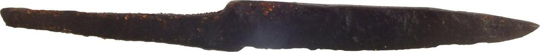 VIKING POUCH KNIFE, 9TH-11TH: Over 3 5/8" total length. Thin section for slashing. Whittle tang, to secure it to the wood, bone, or antler grip, now perished. Quite crisp with minimal degradation. These side or pouch knives were a