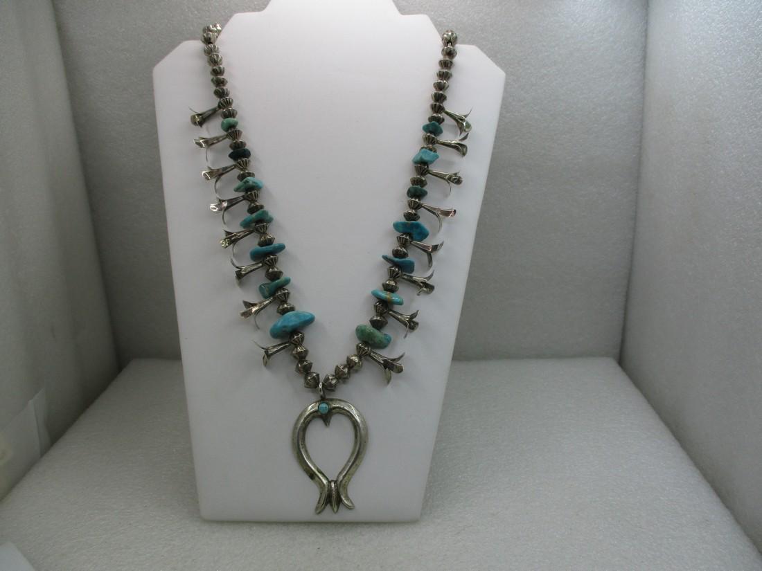 Vintage Sterling Southwestern Turquoise Squash Blossom Necklace, 24" (1 of 9)
