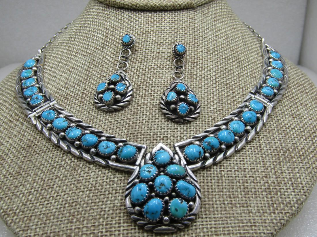 Sterling Southwestern/Native American Turquoise Necklace/Earrings . 16" (1 of 4)
