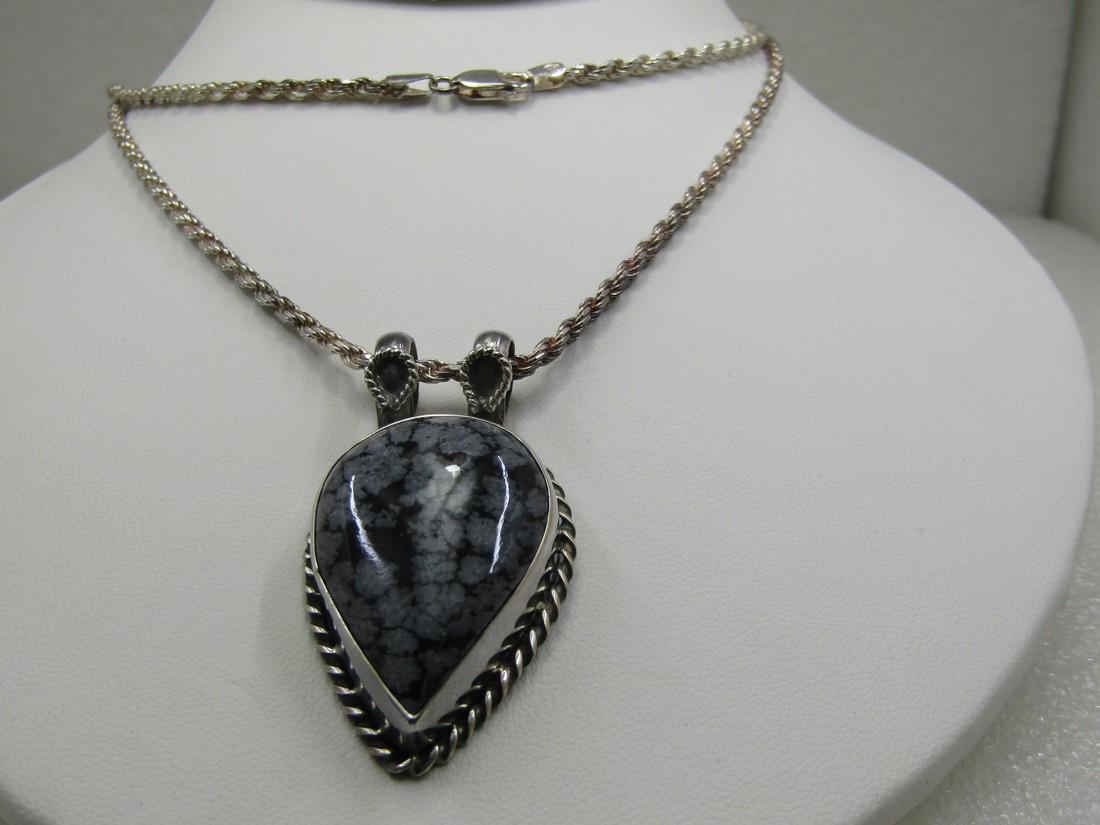 Sterling Southwestern Snowflake Obsidian Neckalce, 30", Unisex: Sterling Southwestern Snowflake Obsidian Neckalce, 30", Unisex, The pendant has crossover appeal other than Southwestern. It has a double bail that any size chain will slide through. The pendant is 2"