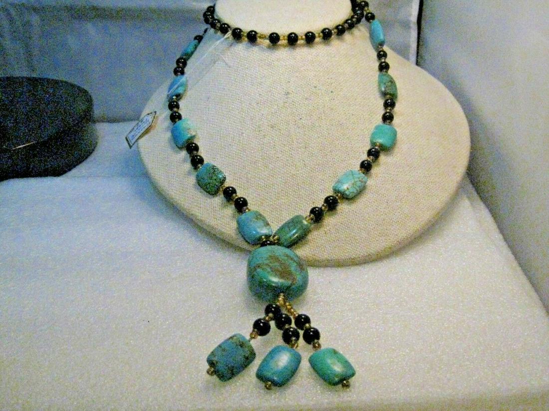 Southwestern Turquoise Beaded Tassel Necklace, Black Glass Beads Too, 30" (1 of 5)