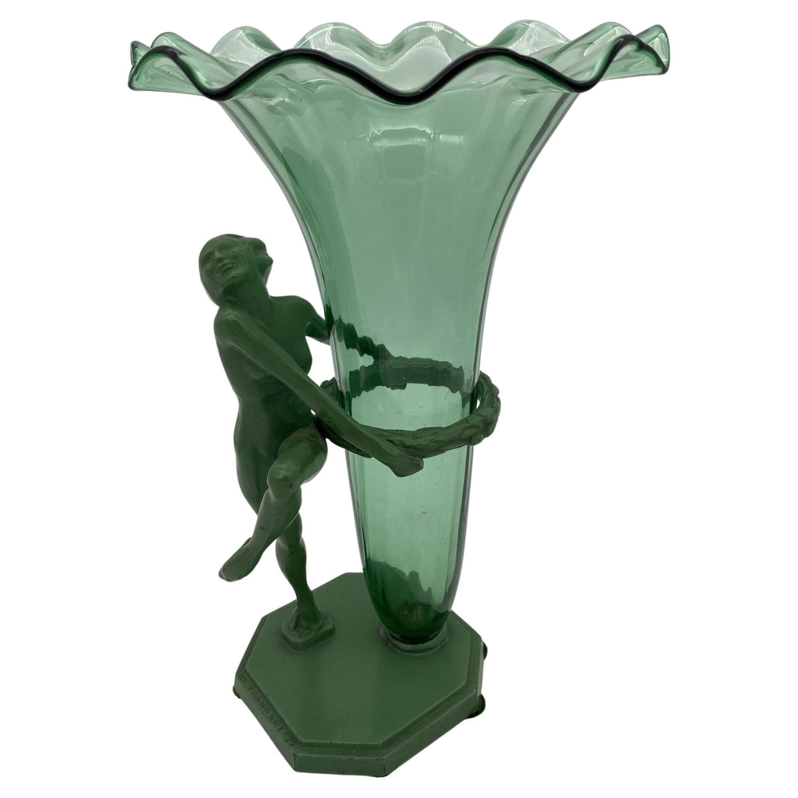 Frankart F612 Nude Flapper Art Deco Vase with Steuben Glass Insert, Circa 1927: This Frankart model F6512 nude spelter metal Art Deco vase features an Art Deco styled nude female nymph holding up Steuden glass vase. Stamped "Frankart 27" This vase is among the rarest decorative i