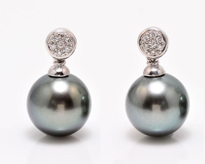 10x11mm Round Shimmering Tahitian Pearls - 14 kt. White gold - Earrings - 0.11 ct (1 of 7)