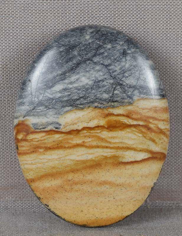 Jasper OBIDOME netsuke DESERT LANDSCAPE gathering storm: Japanese obidome (sash ornament) with polished jasper top, its natural pattern perfectly resembling view of a desert with dunes and gathering sandstorm. Obidome is worn on an obi cord that holds the o