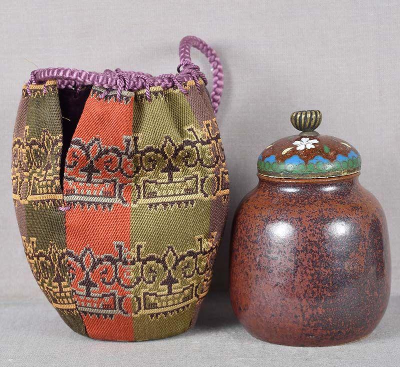 19c Japanese tea ceremony SETO CHAIRE tea caddy with shifuku: Late Meiji chaire (tea caddy for storing powdered green tea used in tea ceremony) of robust squat shape with cloisonne cover and new shifuku (silk storage bag). Seto ware with beautiful brown glaze in