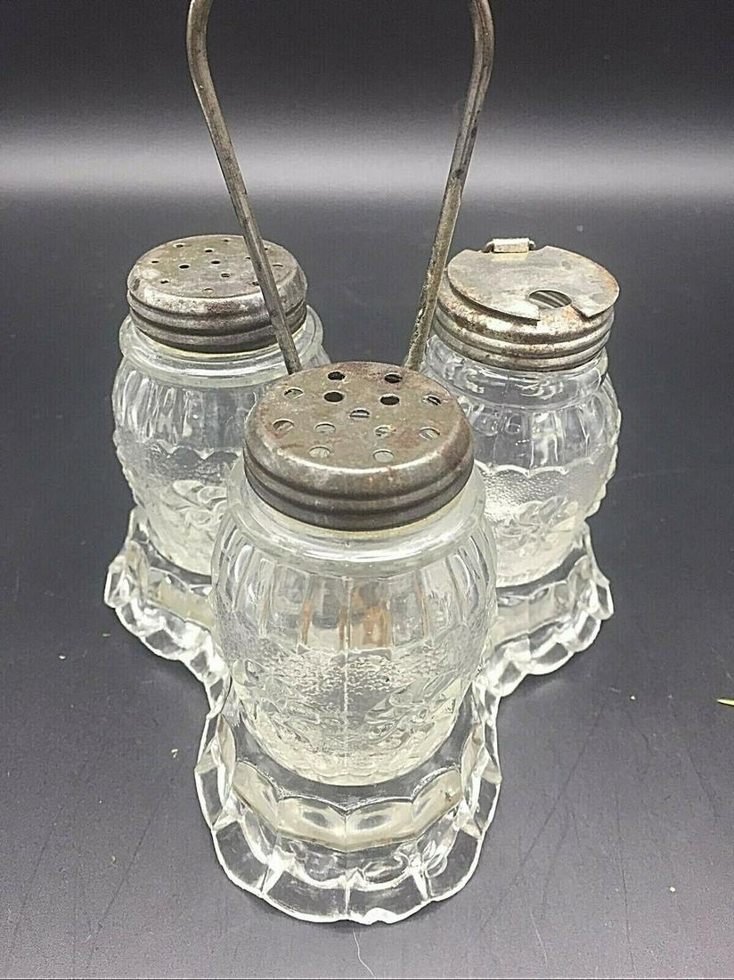 Antique EAPG VICTORIAN GLASS CRUET SET MUFFINEER, GLASS CADDY (1 of 5)