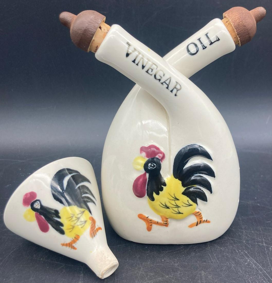 1950's Vintage Oil and Vinegar Cruet With Funnel: Title: 1950's Vintage Oil and Vinegar Cruet With Funnel Date/Period: approx 1950's Dimension: approx 5"tall x 2.5" wide Materials: ceramic Additional Information: vintage rooster oil and vinegar with