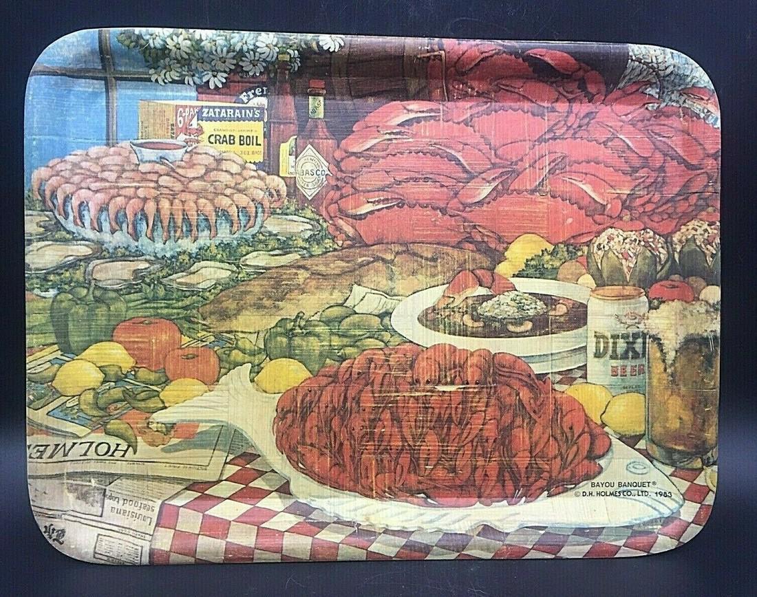 NEW ORLEANS D.H. HOLMES BAYOU BANQUET TRAY ZATARAIN'S DIXIE BEER J. HENSLEY DH: Title: NEW ORLEANS D.H. HOLMES BAYOU BANQUET TRAY ZATARAIN'S DIXIE BEER J. HENSLEY DH Date/Period: 1983 Dimension: approx Materials: Bamboo Additional Information: RARE VINTAGE 1983 NEW ORLEANS - ARTI