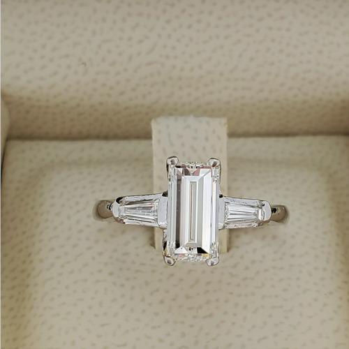Estate Platinum Emerald Cut Diamond engagement 3-stone ring; (1 of 6)