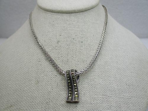 Vintage Sterling Marcasite Pendant Necklace. 20" silver tone wheat chain (1 of 5)