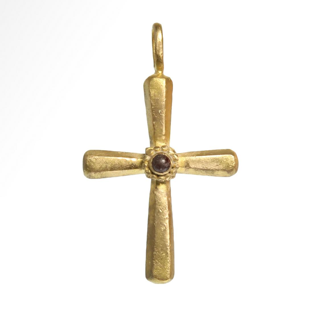 Byzantine Solid Gold and Garnet Cross, c. 10th-12th Century A.D.: Title: Byzantine Solid Gold and Garnet Cross, c. 10th-12th Century A.D. Date & Origin: Byzantine, c. 10th-12th Century A.D. Description: Of solid gold, hexagonal section flared arms, the centre inset 