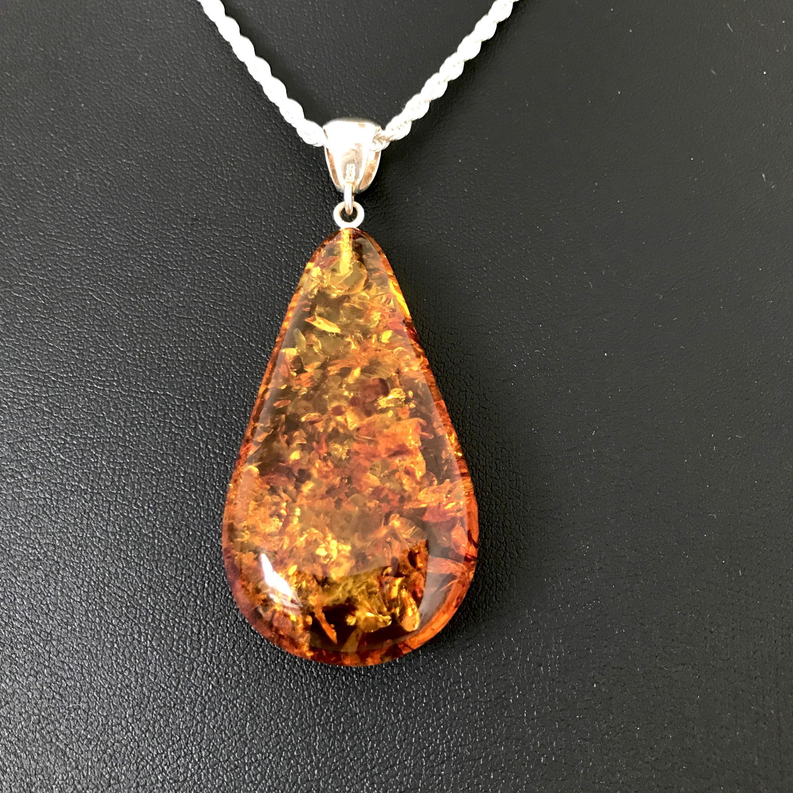 Unique and Amazing Amber Pendant with chain, shaped like a Drop (1 of 7)