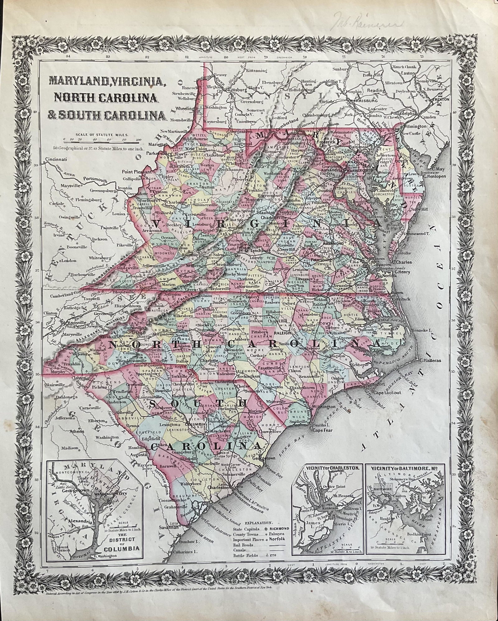 United Virginia, north & South Carolina, Maryland, 1859, by Colton: Title: United Virginia, north & South Carolina, Maryland, 1859, by Colton Date/Period: 1859 Materials: Hand colored lithographic printing Size: 15 x 12 inches Shows a pre civil war United Virginia, al
