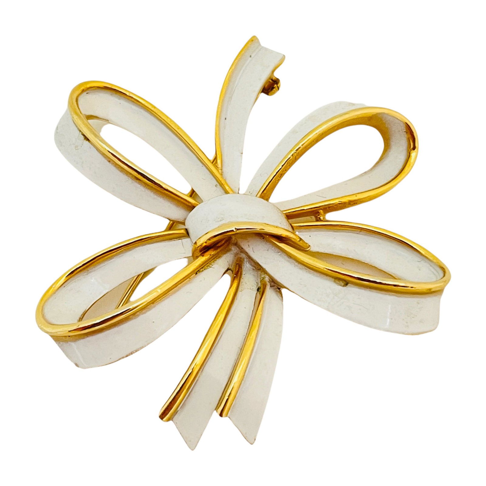 Vintage TRIFARI crown gold white enamel flower bow designer runway brooch (1 of 3)