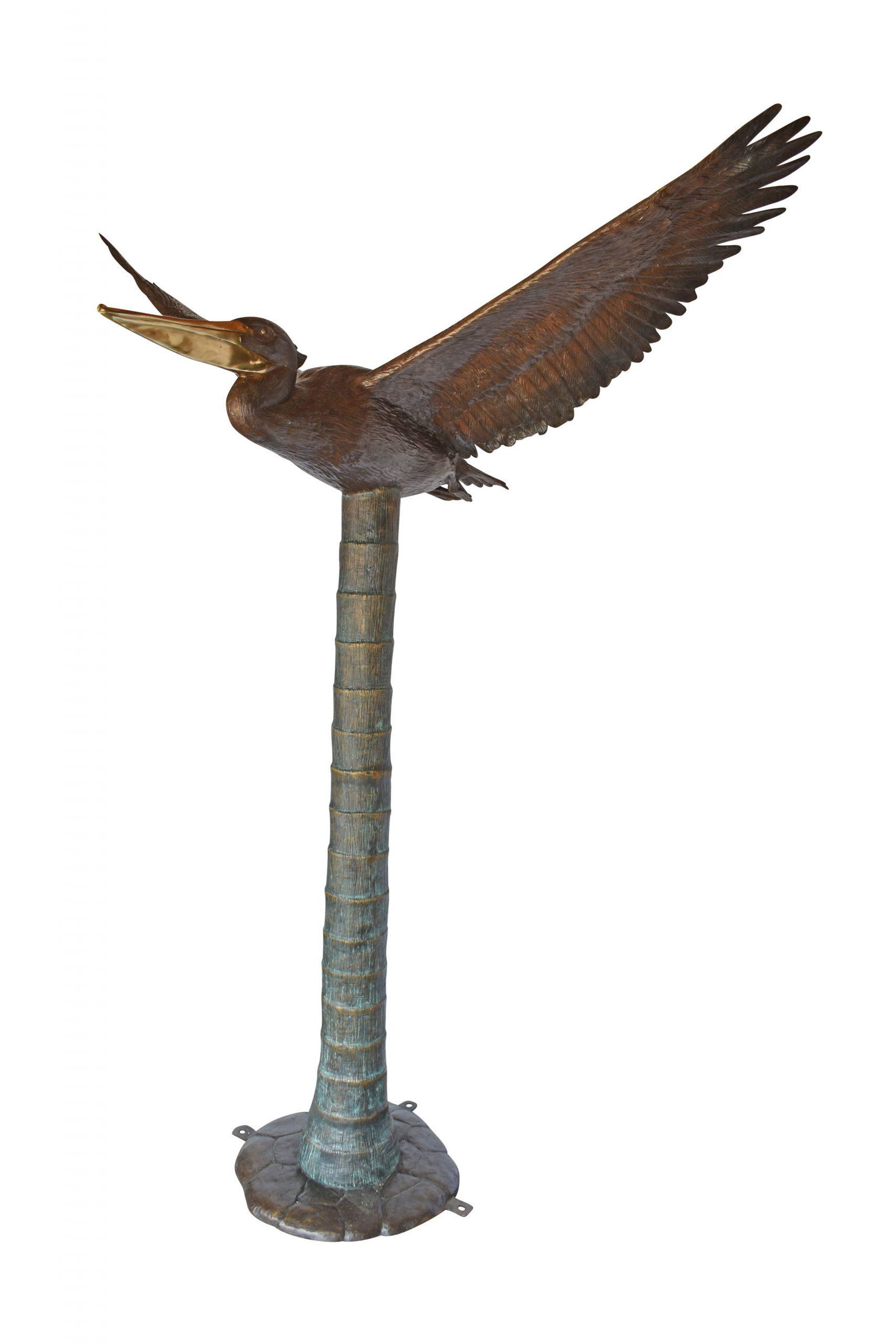 Life Size Pelican on a Three Bronze Statue – Size: 55″L x 46″W x 60″H.: Title: Life Size Pelican on a Three Bronze Statue – Size: 55″L x 46″W x 60″H. Description: The life size Pelican coming to land on on a tree, depicts the Louisiana State Bird.