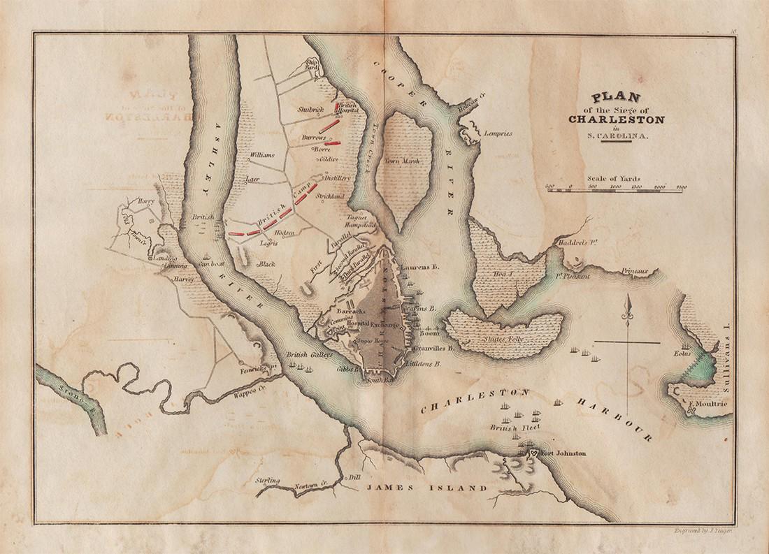 Rare map Siege of Charleston in Amer. Rev. War, Marshall 1832: Rare plan of the Revolutionary War Siege of Charleston in South Carolina. From John Marshall’s 1832 edition of the Life of Washington. Covers the area comprising Charleston Harbor and parts of the C
