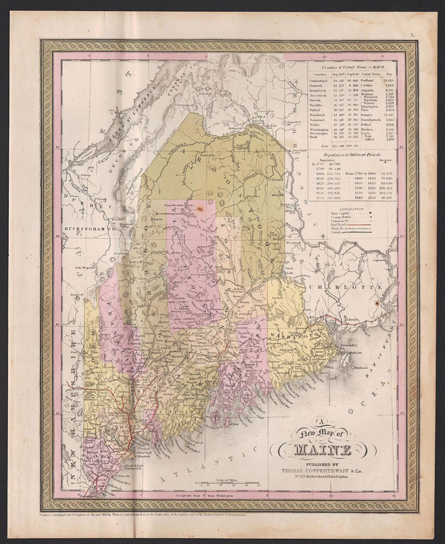 1855 Map of Maine from scarce Cowperthwait atlas: Hand-colored map of the state of Maine by Thomas, Cowperthwait from the increasingly hard-to-find New Universal Atlas, published 1855 by Cowperthwait, Desilver & Butler. This is the early edition of t