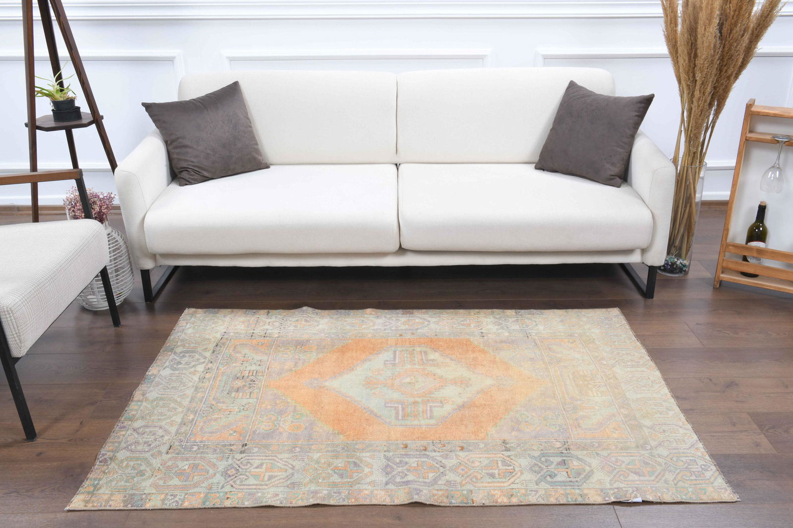 3x6 Turkish Antique Rug: Title: 3x6 Turkish Antique Rug Origin: Turkey Date/Period: 1960 - 1970 Materials: Wool and Cotton Size: Length: 5.5 feet Width: 3.4 feet Description: This Turkish one-of-a-kind Vintage Rug is hand-kno