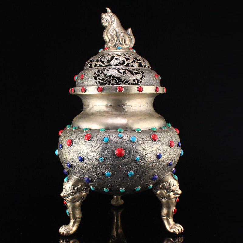 Openwork Pure Silver Inlay Gem Unicorn Incense Burner (1 of 10)