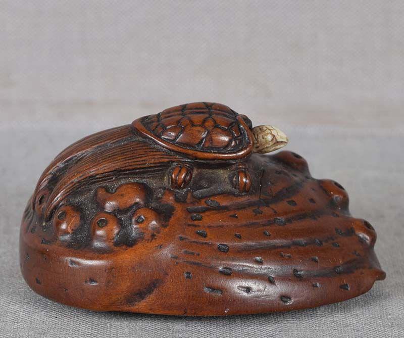 19c netsuke TURTLE on ABALONE shell: 19th century boxwood netsuke of minogame (a turtle so old that it has a train of seaweed growing by its tail) on top of an awabi - an abalone shell with edible mollusk. Wonderful piece in Japanese tas