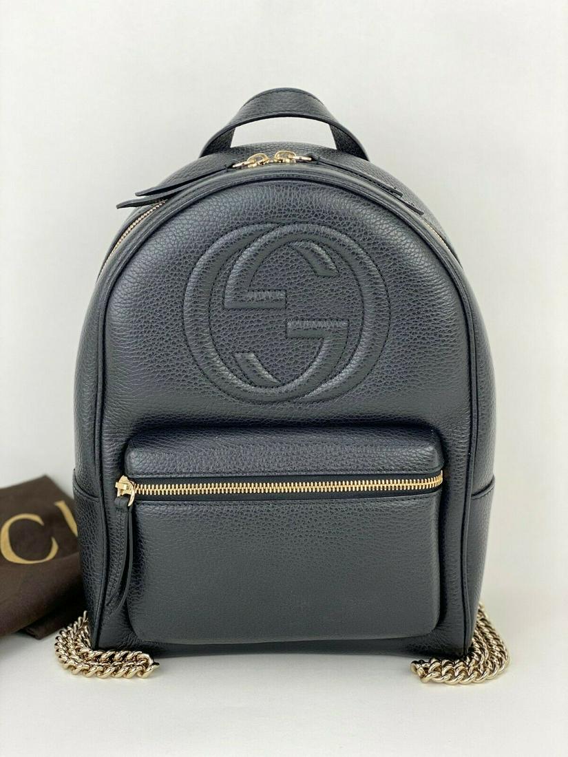 Gucci Bag Soho Black Pebbled Calfskin Chain Backpack 431570 Hand Bag B258 Auth (1 of 12)