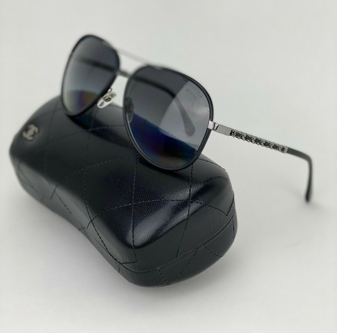 Chanel Sunglasses Pilot Polarized Gray Leather Braided Temples Black